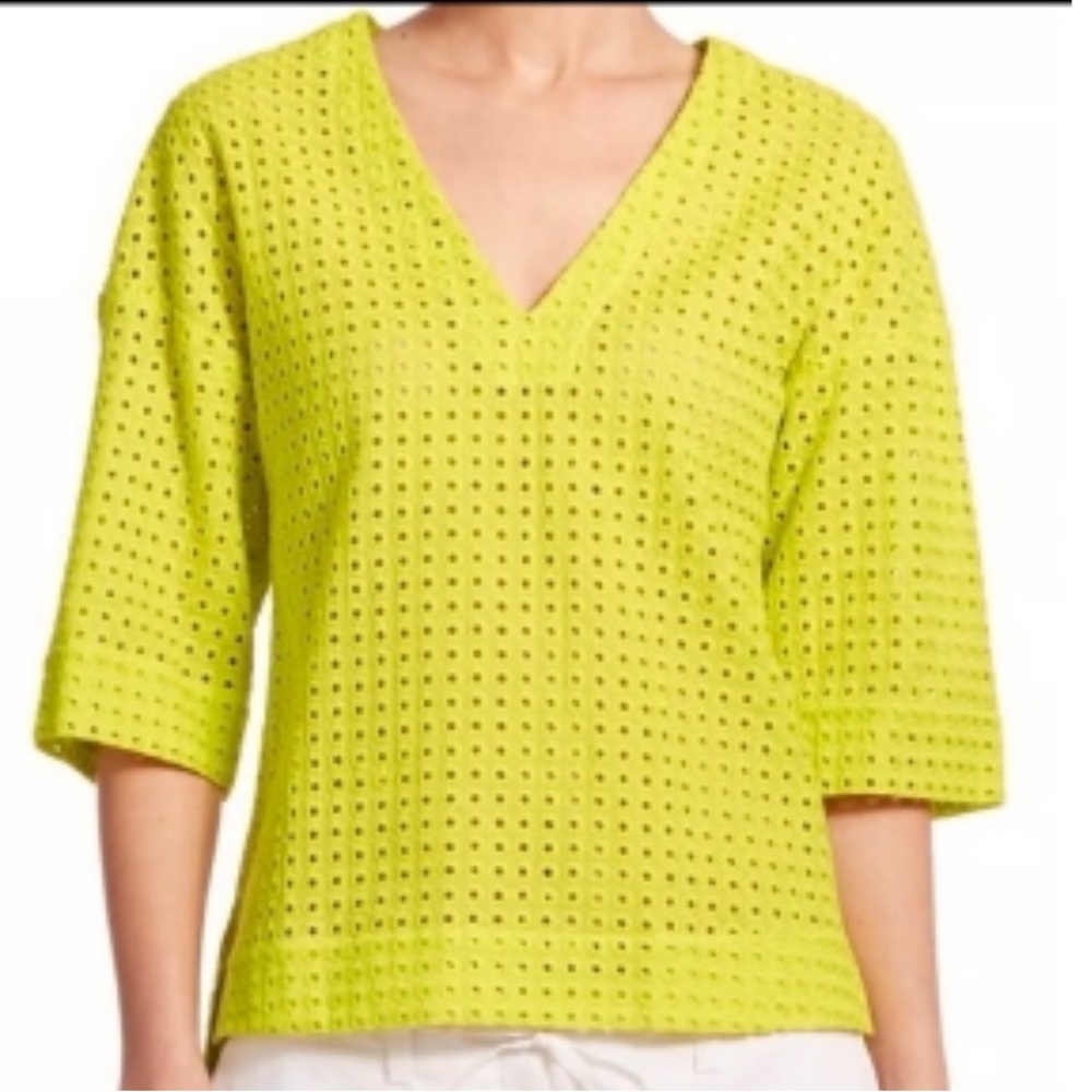 Theory Bright Green Eyelet V-Neck Blouse
